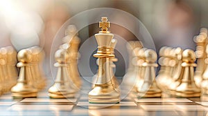 leadership and courage in business competition with a realistic photograph featuring a golden King chess piece standing