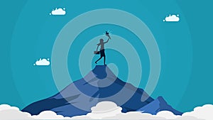 Leadership. female leader holds a torch on top of a mountain. vector illustration