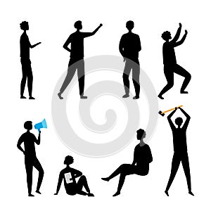 Leadership, HR, Teamwork Concept. Collection of Business People Silhouettes In Different Poses. Set Of Scenes With