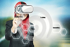 Leadership and human resource development, young woman with virtual reality goggles chosing word leadership over abstract