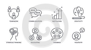 Leadership icons. Editable stroke vector icon set stock. Teamwork creativity motivation communication. Delegation strategic photo