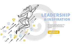 Leadership and inspiration concept with happy business girl flying upwards isolated on white background.