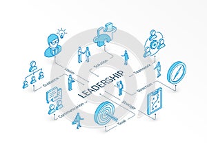 Leadership isometric concept. Connected line 3d icons. Integrated infographic design system. Vision, Goal, Guidance and
