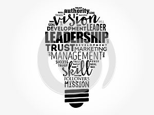 LEADERSHIP light bulb word cloud collage