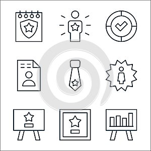 leadership line icons. linear set. quality vector line set such as chart, plaque, presentation, best employee, tie, resume, winner