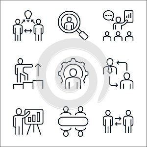 Leadership line icons. linear set. quality vector line set such as partnership, meeting, presentation, relationship, support,