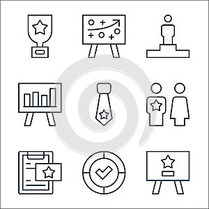 leadership line icons. linear set. quality vector line set such as presentation, winner, paperwork, leader, tie, chart, podium,