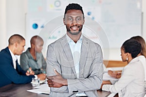 Leadership, meeting and planning with a black man and his business team in the boardroom for strategy. Portrait, leader