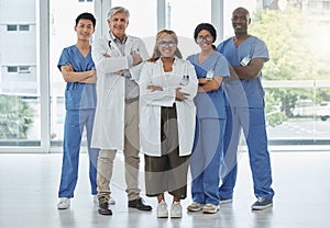 Leadership portrait, doctors and nurses with arms crossed standing together in hospital. Face, teamwork and confident