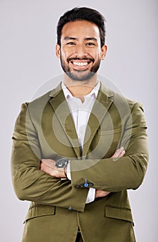 Leadership, smile and portrait of business man on white background for success, power mindset and confidence. Corporate