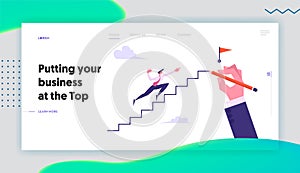 Leadership, Success, Challenge Concept Website Landing Page, Businessman Run to Top of Ladder with Flag, Business Man