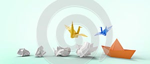 leadership success and creating goals with new ideas and creative in business building through folding paper birds and paper boat