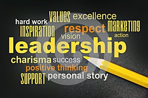 Leadership Word Cloud with yellow pencil besides. Leader teamwork coaching charisma concept