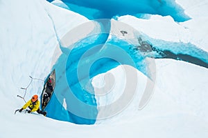 Leading an ice climb out of a canoe on the Matanuska Glacier