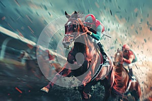 Leading jockey and horse in a decisive racing moment, heightened by explosive graphic elements