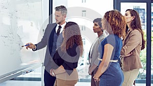 Leading them to success. a group of businesspeople working on a whiteboard in the boardroom.