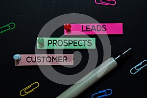 Leads, Prospects, Customer text on sticky notes isolated on office desk