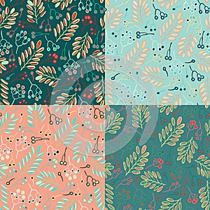 Leaf and berries seamless pattern background. Set of colorful variations.