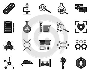 Leaf, biology, science. Bioengineering glyph icons set. Biotechnology for health, researching, materials creating. Molecular