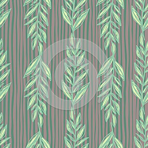 Leaf branches vintage pastel seamless pattern. Light green foliage on blue and pink pale stripped background