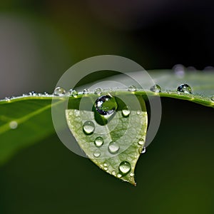 Close up of green leaf with water droplets and vein detail.