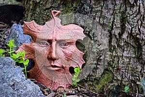 Leaf face sculpture in the garden.