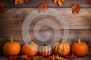 leaf fall background halloween wood autumn farm orange wooden pumpkin season. Generative AI.