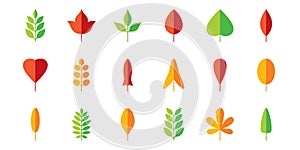 Leaf flat icon set. Vector collection. Tree leaves. Eco logo sign. Red, green, yellow. Spring, summer, autumn element