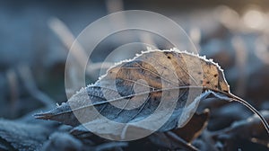 a leaf with frost on it sitting on the ground in a field with grass and other plants in the background, with the sun shining