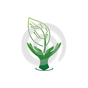 Leaf and Hand with electric circuit for agricultural technology logo design