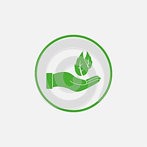 Leaf in hand icon. Vector illustration, flat design