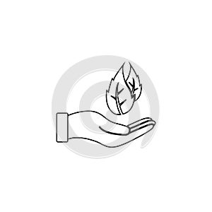 Leaf in hand icon. Vector illustration, flat design