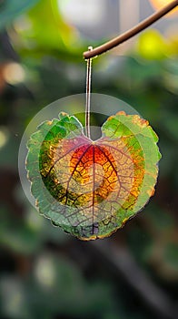 A leaf hanging from a tree branch in the sunlight
