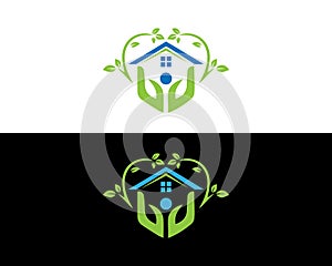 Leaf house with hand logo icon design