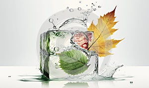 a leaf and ice cube with water splashing on it