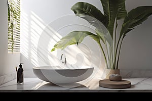 leaf interior clean white decoration green bathroom sink design home tropical. Generative AI.