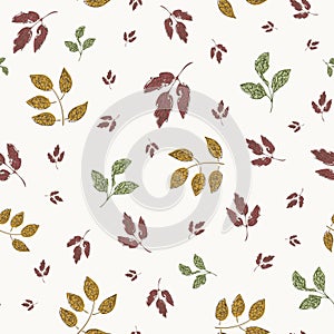 Leaf leaf vector seamless background pattern. Backdrop with leaves on neutral white backdrop. Scattered sprigs all over