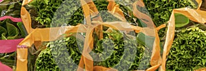 Leaf lettuce in packages on the counter in a supermarket. Healthy eating and vegetarianism. Top view. Close-up. Panorama format