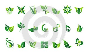 Leaf, logo, organic, wellness, people, plant, ecology, nature design icon set