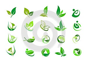 Leaf, logo, organic, wellness, people, plant, ecology, nature design icon set