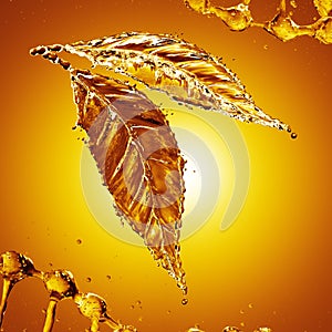 Leaf made of oil splash on gold background