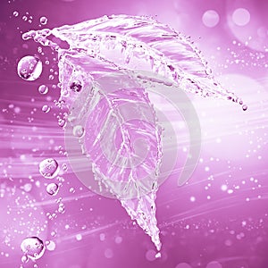 Leaf made of water splash. Pink color