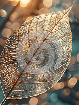 Leaf, microstructure, intricate veins, showcasing photosynthesis process, realistic, sunlight, depth of field bokeh effect photo