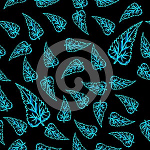 Leaf nature Seamless pattern with black background neon leaf tosca color glow