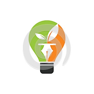 Leaf and pen logo design. Bulb with leaf and nab icon design.