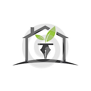 Leaf and pen logo design. Home with leaf and nab icon design.