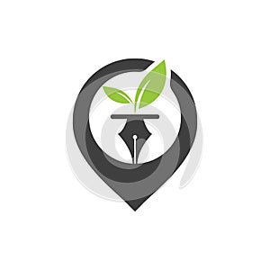 Leaf and pen logo design. Pin with leaf and nab icon design.