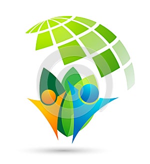 Leaf plant globe logo ecology wellness green leaves nature people symbol icon vector designs on white background
