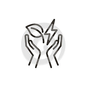 Leaf, plant hands and electricity vector thin line outline icon illustration. Image for electricity, saving energy, sustainability