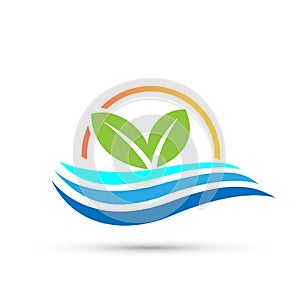 Leaf plant logo ecology sun sea waves wellness green leaves nature people symbol icon vector designs on white background